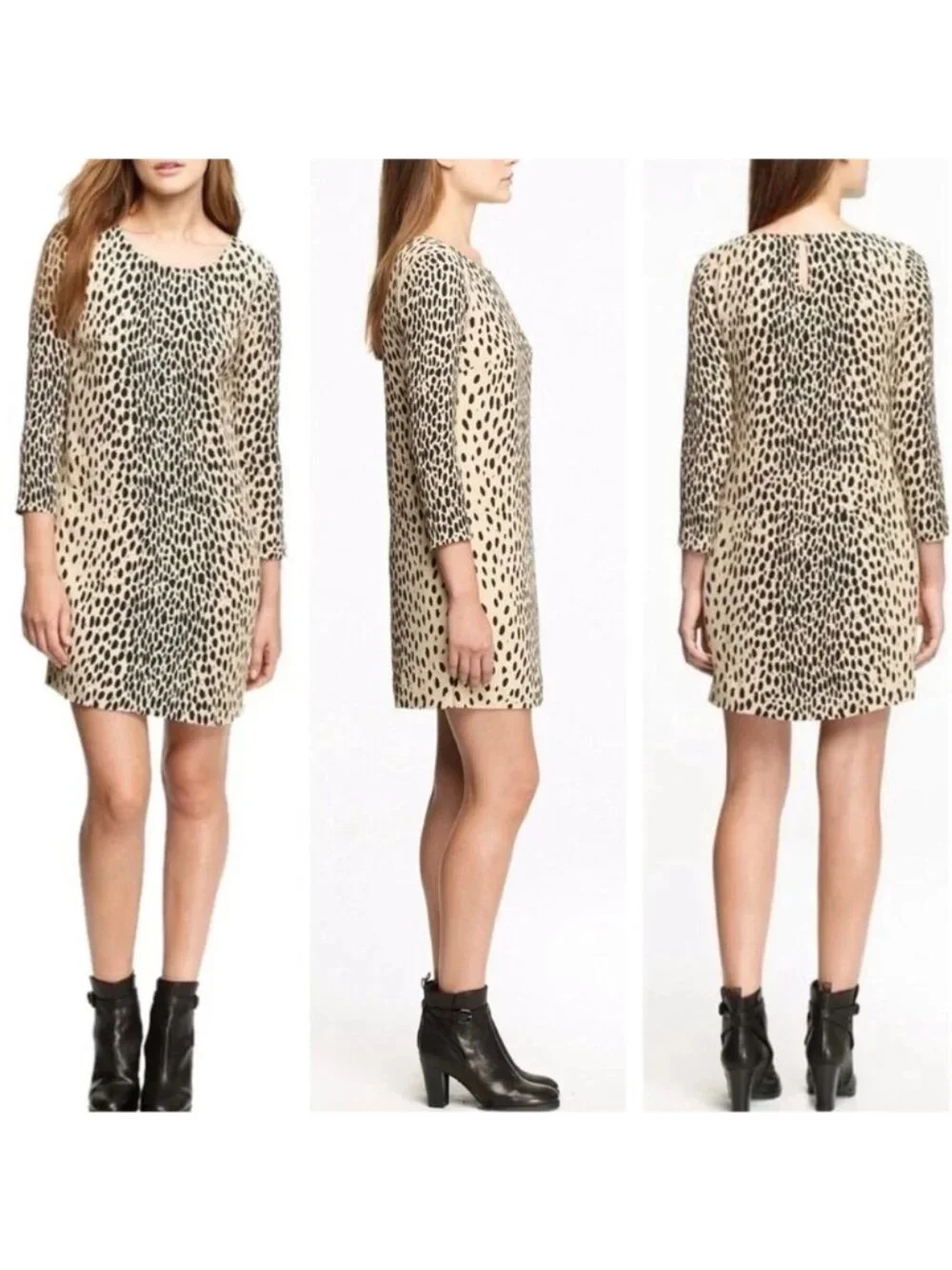 J. Crew Dress Size 4 Shift Leopard Print Beige/Black 3/4 Sleeve Patch Pockets